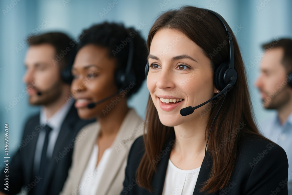 Diverse call center team provides excellent service with smiling faces, showcasing professional support in a modern, friendly work environment. Diverse call center team provides excellent service with smiling faces, showcasing professional support in a modern, friendly work environment.