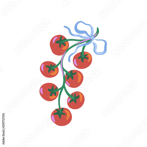 Hand drawn illustration of ripe cherry tomatoes hanging on a green vine, tied with a decorative blue ribbon on white background. Vector design for poster, sticker, greeting card, invitation.