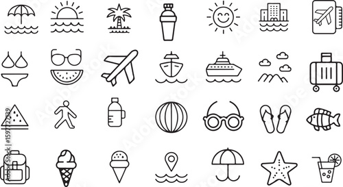 Summer Line Icon Set – Travel, Vacation, Beach, Tourism, and Holiday Vector Symbols.
Summer set of web icons in line style. Summer vacation icons for web and mobile app. Travel, beach, tourism, summe

