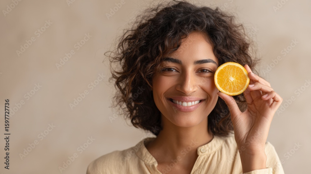 Smiling woman holding a vibrant slice of orange near her eye, celebrating the numerous benefits of enjoying fresh fruit for overall health and wellness in a cheerful, sunny setting Smiling woman holding a vibrant slice of orange near her eye, celebrating the numerous benefits of enjoying fresh fruit for overall health and wellness in a cheerful, sunny setting
