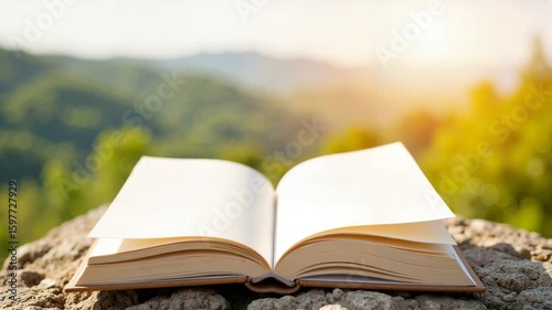 Open book resting on rock with natural landscape during sunset, copy space
