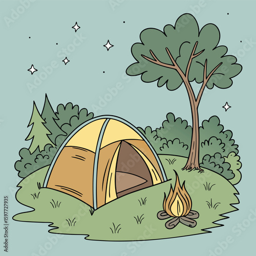 Summer camping adventures amidst the trees and mountains, where tents offer leisure in nature's landscape