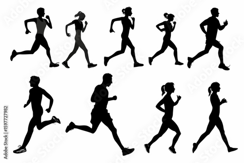 Running and Walking Silhouettes on White Background – Diverse Human Poses from Sprinting to Strolling, Fitness Motion, Athlete Movement, Vector Illustration
