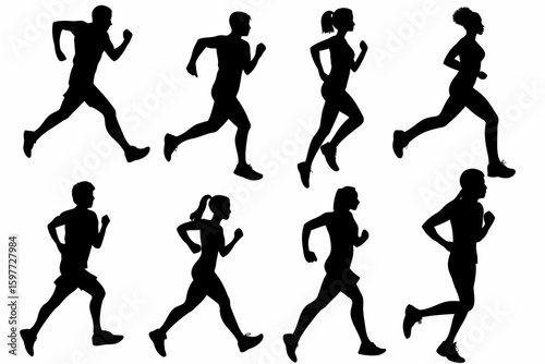 Running and Walking Silhouettes on White Background – Diverse Human Poses from Sprinting to Strolling, Fitness Motion, Athlete Movement, Vector Illustration