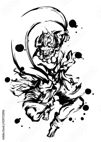 Fujin – Japanese Wind God in Ink Brush Sumi-e Style