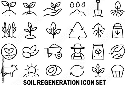 Soil regeneration vector icon set in clean glyph style. Includes compost, roots, microbes, nutrients, farming, and eco-friendly symbols for sustainable agriculture designs.

