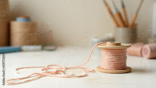A spool of soft pink twine sits on a marble surface amidst crafting supplies, suggesting handmade gifts and rustic charm