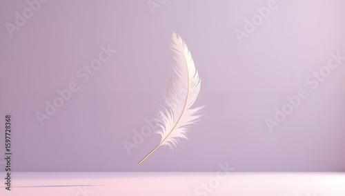 A delicate white feather floats above a soft pink surface, creating a serene and minimalist aesthetic. Lightly illuminated