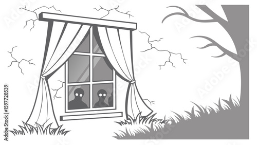 Two figures peering from window with curtains in a cracked wall next to a tree and grass area