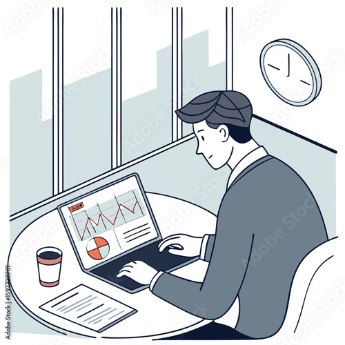 Cartoon business people working on laptops at their office desks