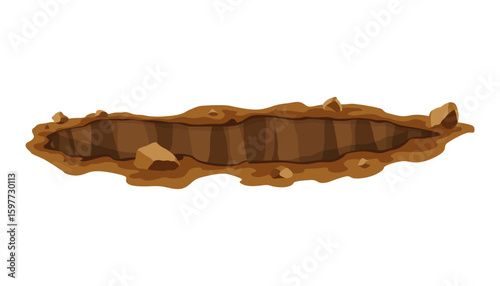 Hole ground. Works digging of sand coal waste rock or gravel. Brown, dry mine element of landscape. Cartoon illustration