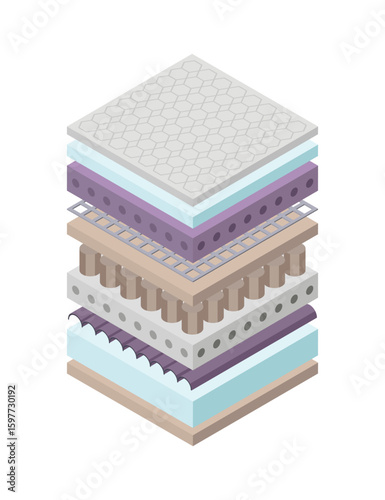 Layered orthopedic mattress icon. Isometric bed section layers. Fabric breathable material, structure for correct sleeping position. Soft filler, comfort synthetic fiber
