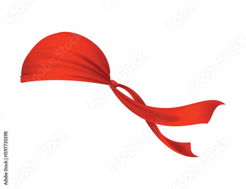 Red realistic bandana on head. Youth fashion head or cowboy garment element template. Biker face scarf, bandanna neck shawl. Blank handkerchief unisex uniform. Western clothes
