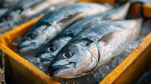 Fresh Fish on Ice in Crate at Seafood Market