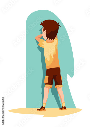 Kid playing hide and seek. Playing game outdoor in summer vacations. Boy having fun outdoors, summer playtime. Vector cartoon illustration