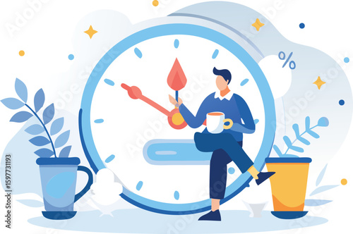 Illustration of a man sitting on a clock holding a cup with plants and abstract shapes around him