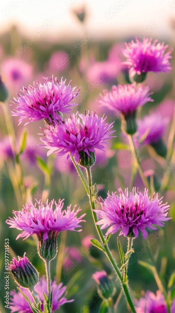 Fototapeta premium A beautiful field of purple Common Knapweed flowers in the sun wildflowers background vibrant.