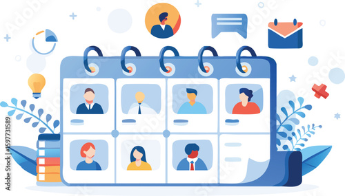 Illustration of a calendar with profile pictures and various icons around it in a vector style