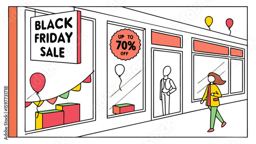 Illustration of a black friday sale with balloons, a woman and mannequins in the store windows