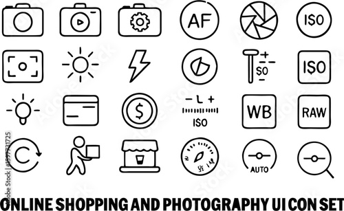 Online Shopping and Photography Vector Icons Set – E-commerce carts, payments, cameras, editing tools, and digital devices in clean outline style for modern web and app design.

