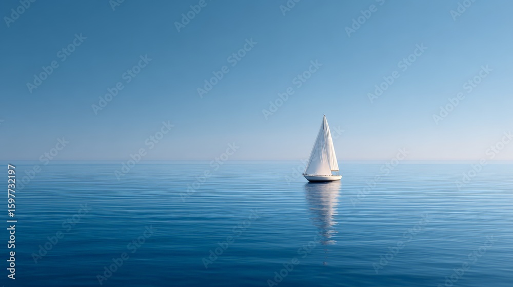 Obraz premium White sailboat with lowered sails is floating on calm blue sea reflecting clear blue sky, creating a serene and peaceful atmosphere perfect for watersports and leisure activities