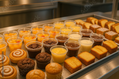 Assorted dessert cups with cakes and puddings in cafeteria counter under warm lighting