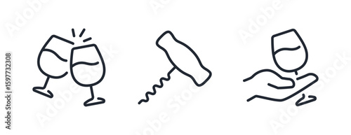Wine glass, clink and corkscrew editable stroke outline icons set isolated on white background flat vector illustration. Pixel perfect. 64 x 64.	