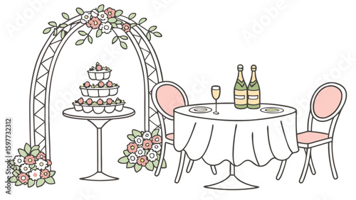 A wedding scene featuring a cake under an archway and a table set for a romantic dinner for two people