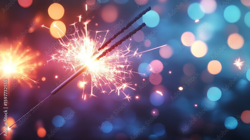 Obraz premium Two glowing sparklers light celebration background.