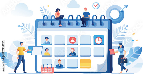 Illustration of a large calendar with people interacting with it and scheduling appointments
