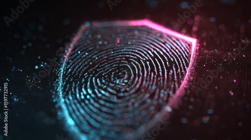 Digital shield with fingerprint design, symbolizing cybersecurity and identity protection.