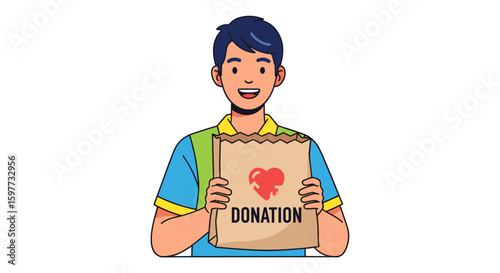 Cheerful young man holding a paper bag with a donation heart symbol, representing charity, support, and community involvement in a clean, modern illustration style.
