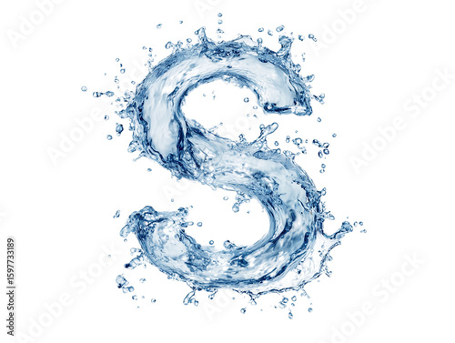 The letter s is formed by a splash of vibrant blue water, isolated on transparent background