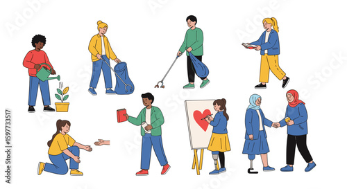 Diverse group of people volunteering and helping their community, showing care and positive social engagement in various helpful activities.