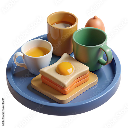 Colorful breakfast illustration with coffee tea fried egg and toast on a blue tray