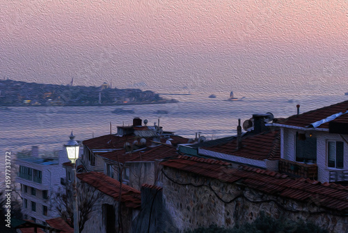 Beautiful view of the city of İstanbul, Turkey. Digital painting and illustration