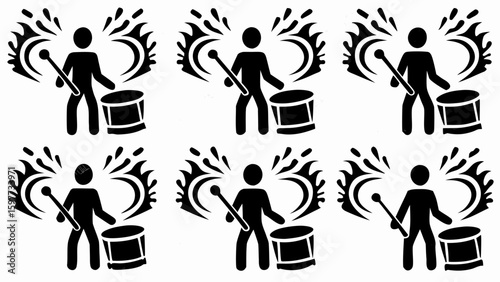 Six stick figure drummers each with a drum and sound waves in a seamless repeating pattern design silhouette