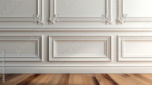 Elegant white wall paneling with wooden floor