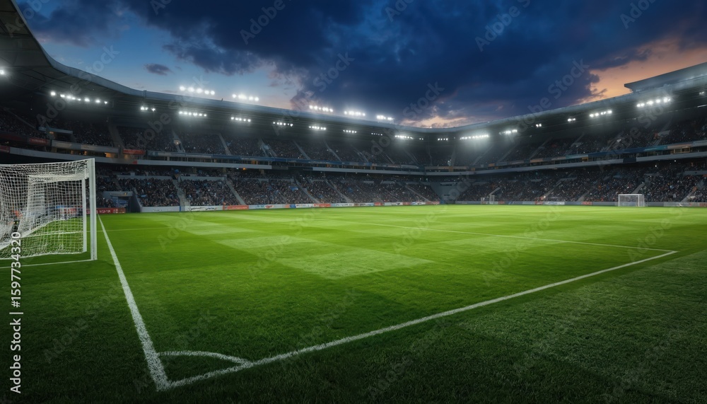 Fototapeta premium Soccer stadium at twilight, floodlit pitch with green grass. Huge grandstands filled with fans. Architectural marvel, venue for pro games and championships. Clean lines, bright illumination.