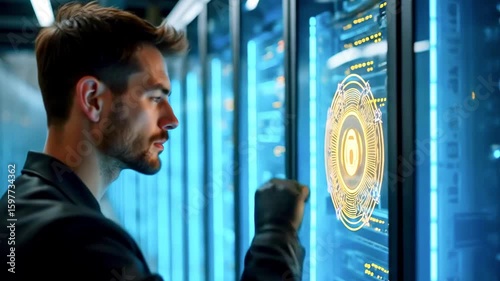 Man in a sleek black suit interacts with a digital interface in a high-tech server room