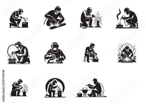 welding logo vector silhouette design, welder logo icon silhouette, vector silhouettes of workers welding metal, fabrication work vector silhouette logo design on white background