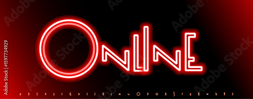 Red neon alphabet, glowing bold letters, vibrant electric font for nightlife banner, party poster, game UI, online button, digital sign, luminous typographic design. Vector typeset