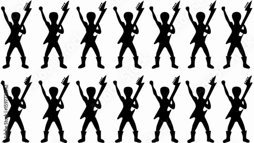 Silhouette pattern of rock musicians with guitars and raised arms in a repeating arrangement design