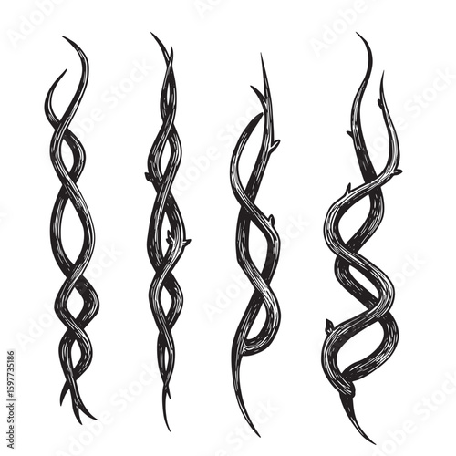 Hand drawn ink art illustration of stylized twisted vines and branches with grunge texture elements in monochrome
