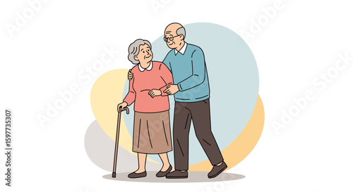 An elderly man lovingly supports his wife as they walk together, highlighting companionship and care in their golden years with a gentle illustration.
