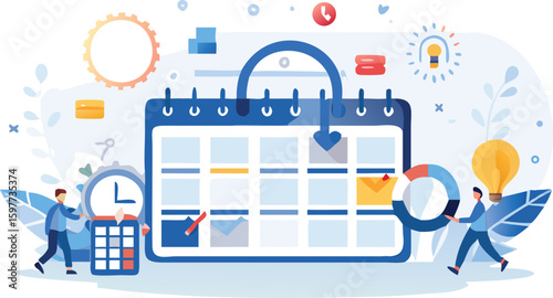 Illustration of a large calendar with people, clock, lightbulb, and other icons around it