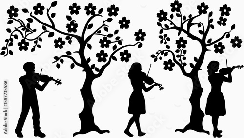 Silhouette of musicians playing violin under trees with flowers in a black and white composition scene
