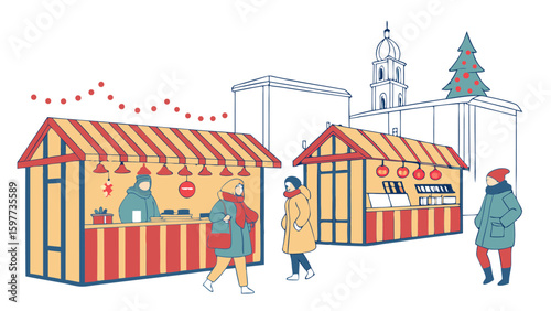 Illustration of a christmas market with stalls people and a church in the background with a christmas tree
