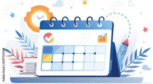 Illustration of a desk calendar with a clock, leaves, and other decorative elements arranged around it