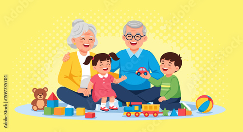 A heartwarming vector illustration depicts grandparents joyfully embracing their grandchildren amidst a playful scene filled with toys and vibrant colors, creating a sense of family.